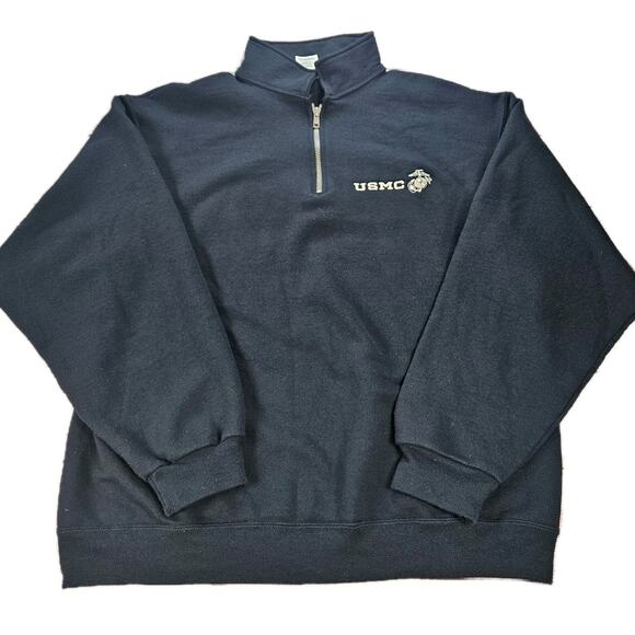 USMC Marines Quarter Zip Pullover Black Jerzees Sweatshirt Embroidered Logo LG - Picture 1 of 5